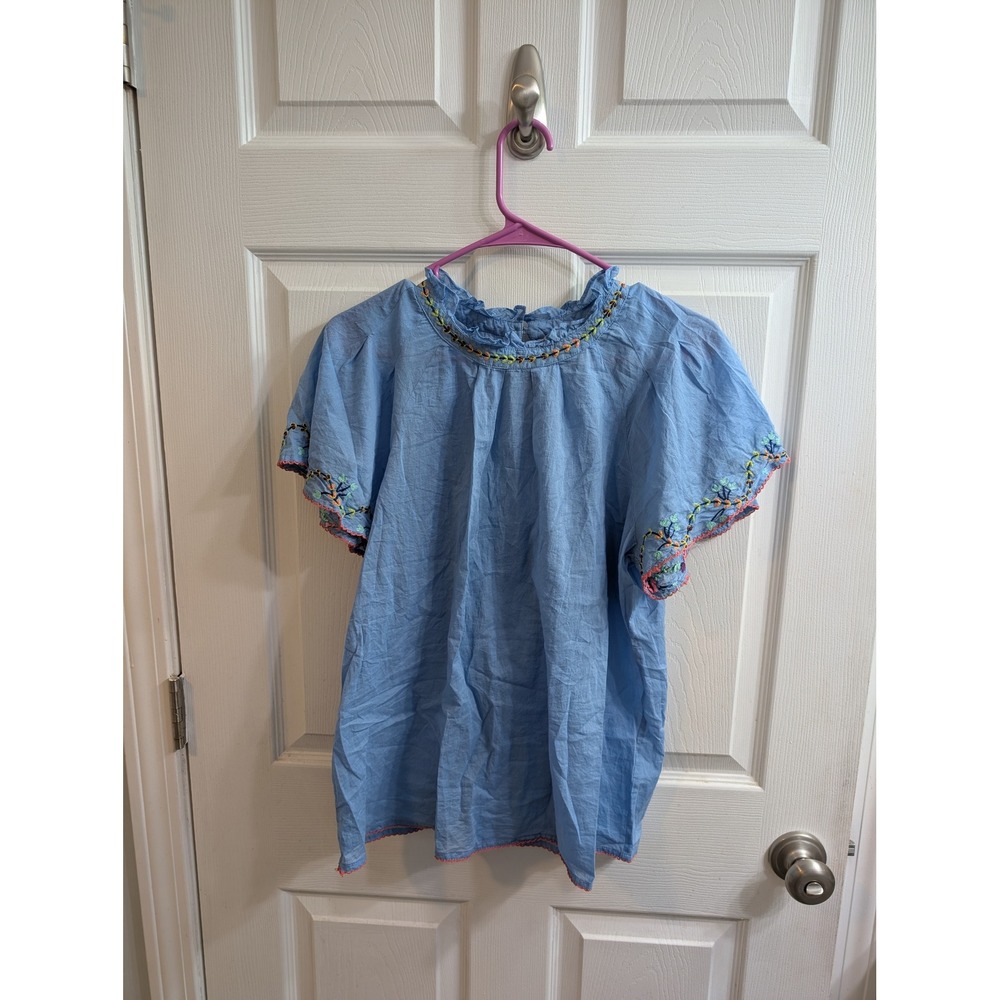 Banjanan Light Blue Embroidered Ruffle Neck Flutter Sleeve Cotton Top - Size S
